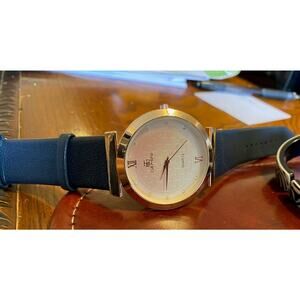 Women's 43mm Gold Tone Gemini Watch, Crystal Accented Face, Black Band